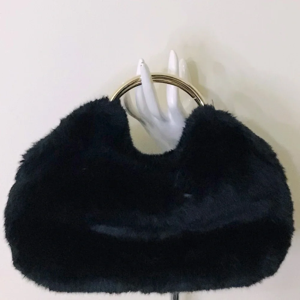 Black Faux Fur Clutch Handbag - Picture 1 of 8